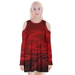 Rose Red Rose Red Flower Petals Waves Glow Velvet Long Sleeve Shoulder Cutout Dress