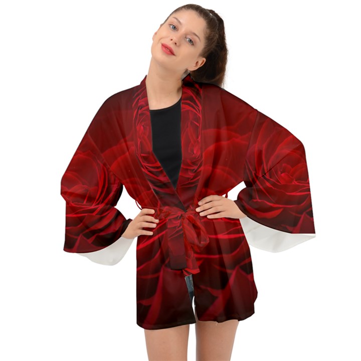 Rose Red Rose Red Flower Petals Waves Glow Long Sleeve Kimono