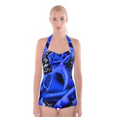 Blue Rose Roses Bloom Blossom Boyleg Halter Swimsuit  by pakminggu