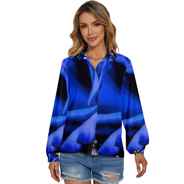 Blue Rose Roses Bloom Blossom Women s Long Sleeve Button Up Shirt