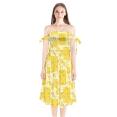 Party Confetti Yellow Squares Shoulder Tie Bardot Midi Dress by pakminggu