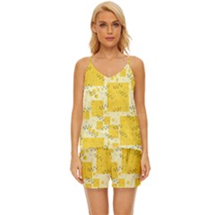 Party Confetti Yellow Squares V-neck Satin Pajamas Set by pakminggu