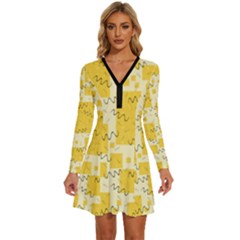 Party Confetti Yellow Squares Long Sleeve Deep V Mini Dress  by pakminggu