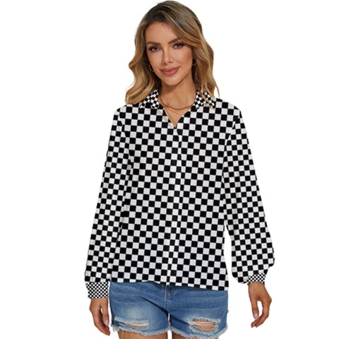 Background Black Board Checker Checkerboard Women s Long Sleeve Button Up Shirt by pakminggu