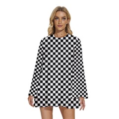 Background Black Board Checker Checkerboard Round Neck Long Sleeve Bohemian Style Chiffon Mini Dress by pakminggu