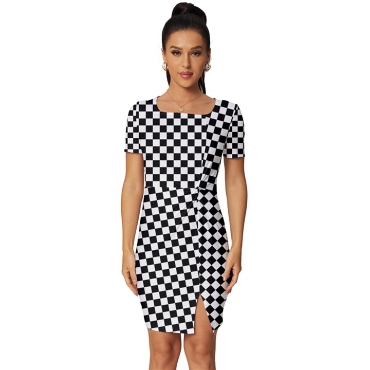 Background Black Board Checker Checkerboard Fitted Knot Split End Bodycon Dress