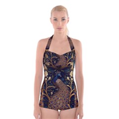 Peacock Plumage Bird  Pattern Graceful Boyleg Halter Swimsuit 