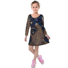 Peacock Plumage Bird  Pattern Graceful Kids  Long Sleeve Velvet Dress by pakminggu