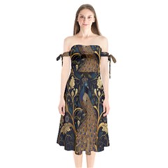 Peacock Plumage Bird  Pattern Graceful Shoulder Tie Bardot Midi Dress by pakminggu