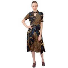 Peacock Plumage Bird  Pattern Graceful Keyhole Neckline Chiffon Dress by pakminggu