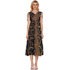 Peacock Plumage Bird  Pattern Graceful V-neck Drawstring Shoulder Sleeveless Maxi Dress by pakminggu