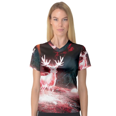 Deer Animal Moon Planet Space Fantasy V-neck Sport Mesh Tee by pakminggu