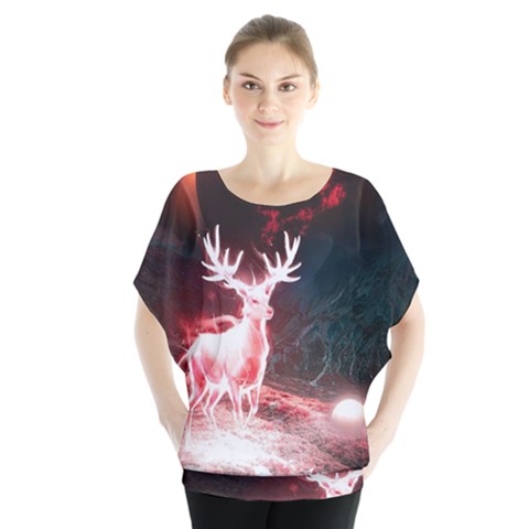 Deer Animal Moon Planet Space Fantasy Batwing Chiffon Blouse by pakminggu