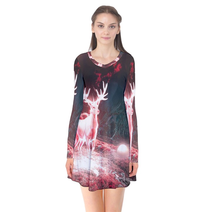 Deer Animal Moon Planet Space Fantasy Long Sleeve V-neck Flare Dress