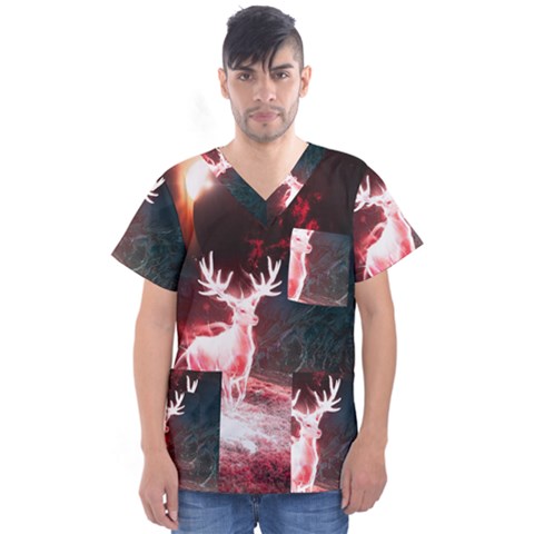 Deer Animal Moon Planet Space Fantasy Men s V-neck Scrub Top by pakminggu