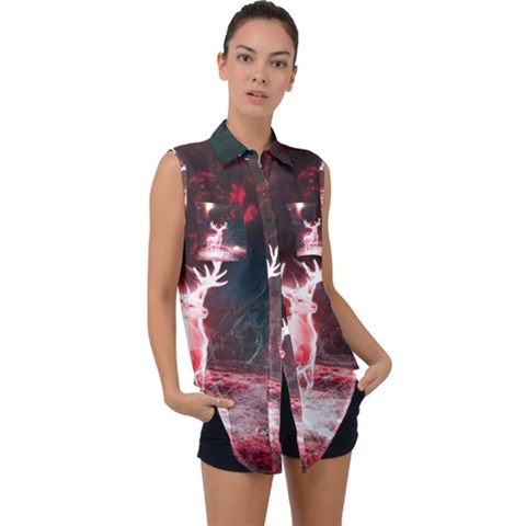 Deer Animal Moon Planet Space Fantasy Sleeveless Chiffon Button Shirt by pakminggu