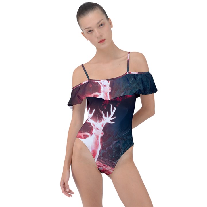 Deer Animal Moon Planet Space Fantasy Frill Detail One Piece Swimsuit