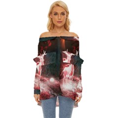 Deer Animal Moon Planet Space Fantasy Off Shoulder Chiffon Pocket Shirt by pakminggu