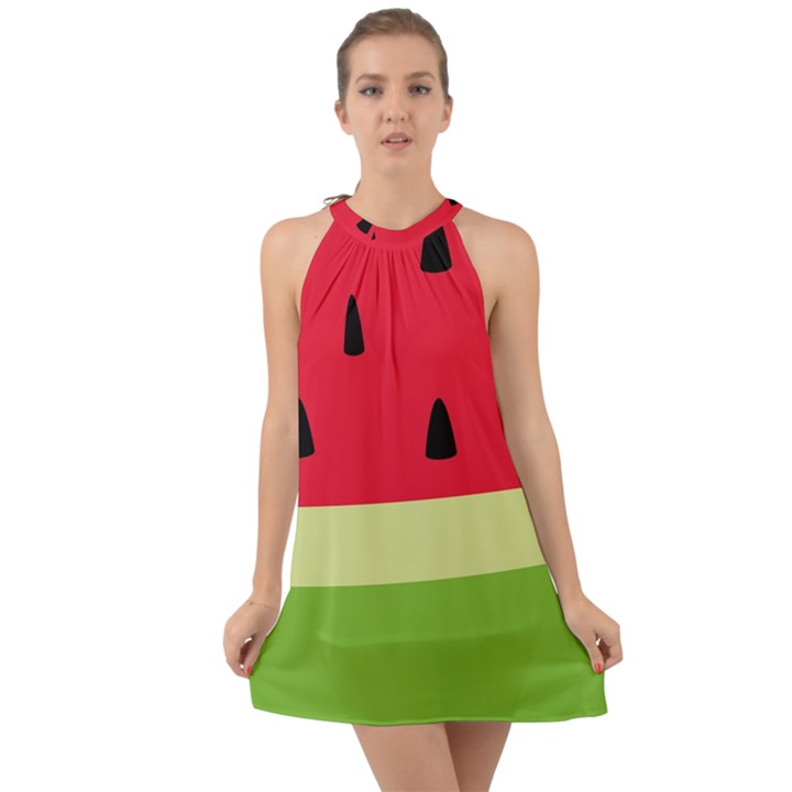 Watermelon Fruit Food Healthy Vitamins Nutrition Halter Tie Back Chiffon Dress