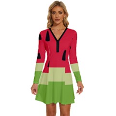 Watermelon Fruit Food Healthy Vitamins Nutrition Long Sleeve Deep V Mini Dress  by pakminggu