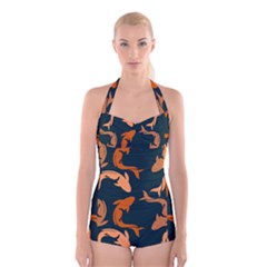 Background Pattern Texture Design Wallpaper Fish Boyleg Halter Swimsuit 