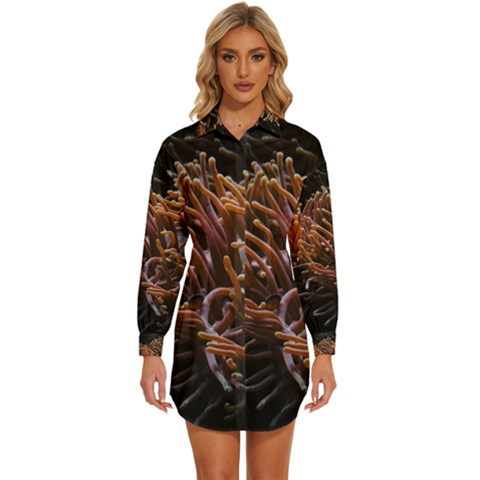 Sea Anemone Coral Underwater Ocean Sea Water Womens Long Sleeve Shirt Dress by pakminggu