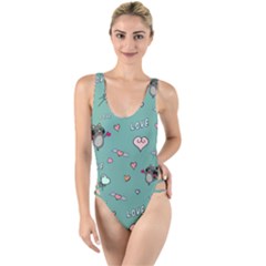 Raccoon Texture Seamless Scrapbooking Hearts High Leg Strappy Swimsuit by pakminggu