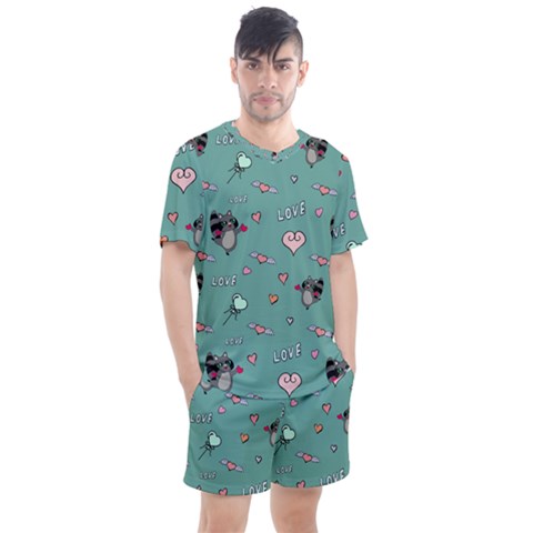 Raccoon Texture Seamless Scrapbooking Hearts Men s Mesh Tee And Shorts Set by pakminggu