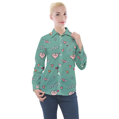 Raccoon Texture Seamless Scrapbooking Hearts Women s Long Sleeve Pocket Shirt by pakminggu