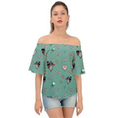 Raccoon Texture Seamless Scrapbooking Hearts Off Shoulder Short Sleeve Top by pakminggu