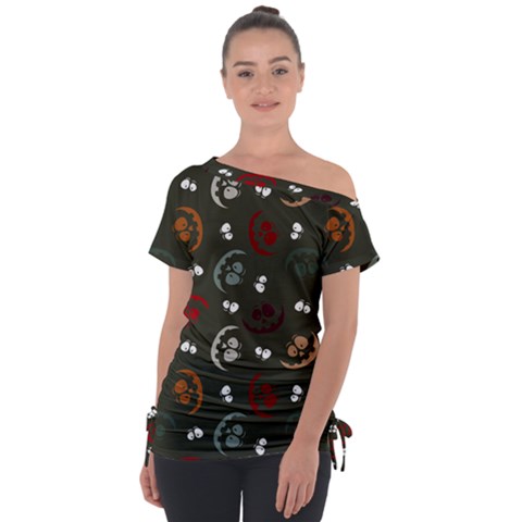 Art Halloween Pattern Creepy Design Digital Papers Off Shoulder Tie-up Tee by pakminggu