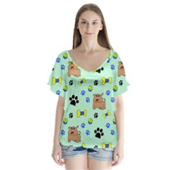 Dog Pattern Seamless Blue Background Scrapbooking V-neck Flutter Sleeve Top by pakminggu