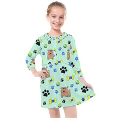 Dog Pattern Seamless Blue Background Scrapbooking Kids  Quarter Sleeve Shirt Dress by pakminggu