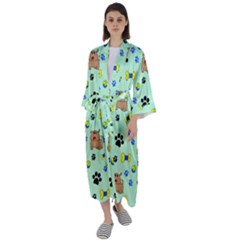 Dog Pattern Seamless Blue Background Scrapbooking Maxi Satin Kimono by pakminggu