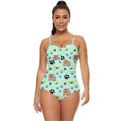 Dog Pattern Seamless Blue Background Scrapbooking Retro Full Coverage Swimsuit by pakminggu