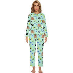 Dog Pattern Seamless Blue Background Scrapbooking Womens  Long Sleeve Lightweight Pajamas Set by pakminggu