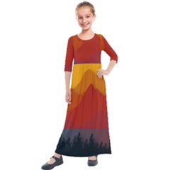 Mountain Forest Nature Scenery Art Mountains Kids  Quarter Sleeve Maxi Dress by pakminggu