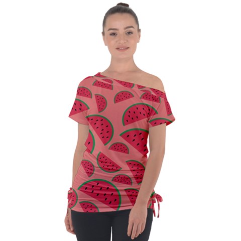 Watermelon Red Food Fruit Healthy Summer Fresh Off Shoulder Tie-up Tee by pakminggu