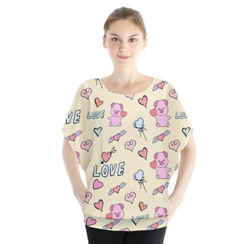 Pig Animal Love Romance Seamless Texture Pattern Batwing Chiffon Blouse by pakminggu