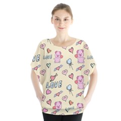 Pig Animal Love Romance Seamless Texture Pattern Batwing Chiffon Blouse