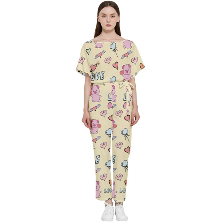 Pig Animal Love Romance Seamless Texture Pattern Batwing Lightweight Chiffon Jumpsuit