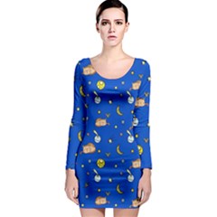 Cat Animals Sleep Stars Seamless Background Long Sleeve Bodycon Dress by pakminggu