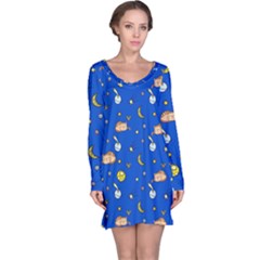 Cat Animals Sleep Stars Seamless Background Long Sleeve Nightdress by pakminggu