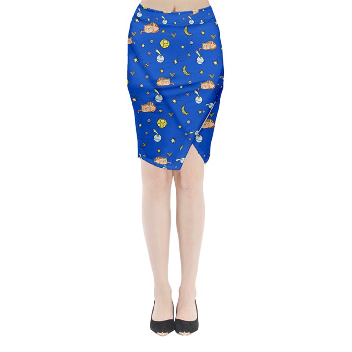 Cat Animals Sleep Stars Seamless Background Midi Wrap Pencil Skirt