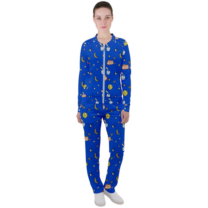 Cat Animals Sleep Stars Seamless Background Casual Jacket and Pants Set