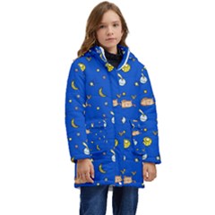 Cat Animals Sleep Stars Seamless Background Kids  Hooded Longline Puffer Jacket by pakminggu