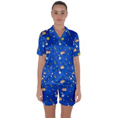 Cat Animals Sleep Stars Seamless Background Satin Short Sleeve Pajamas Set by pakminggu