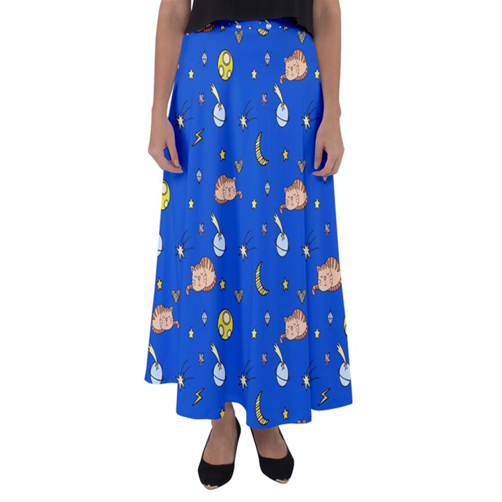 Cat Animals Sleep Stars Seamless Background Flared Maxi Skirt