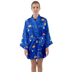 Cat Animals Sleep Stars Seamless Background Long Sleeve Satin Kimono by pakminggu