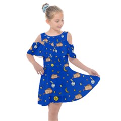 Cat Animals Sleep Stars Seamless Background Kids  Shoulder Cutout Chiffon Dress by pakminggu